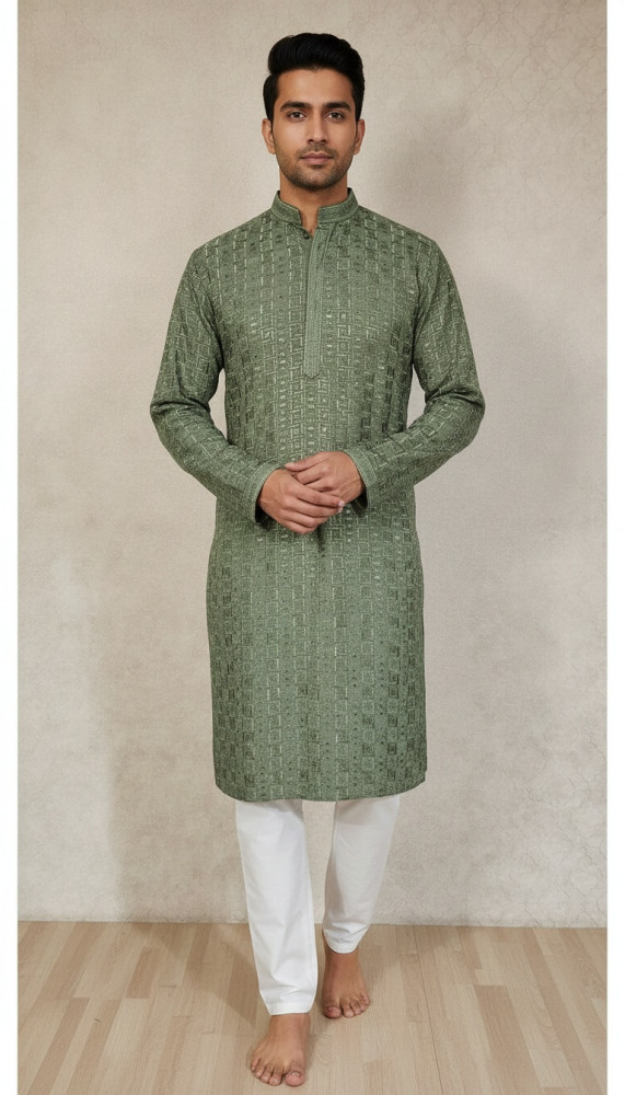 Image of Green  Rayon Hakoba Kurta