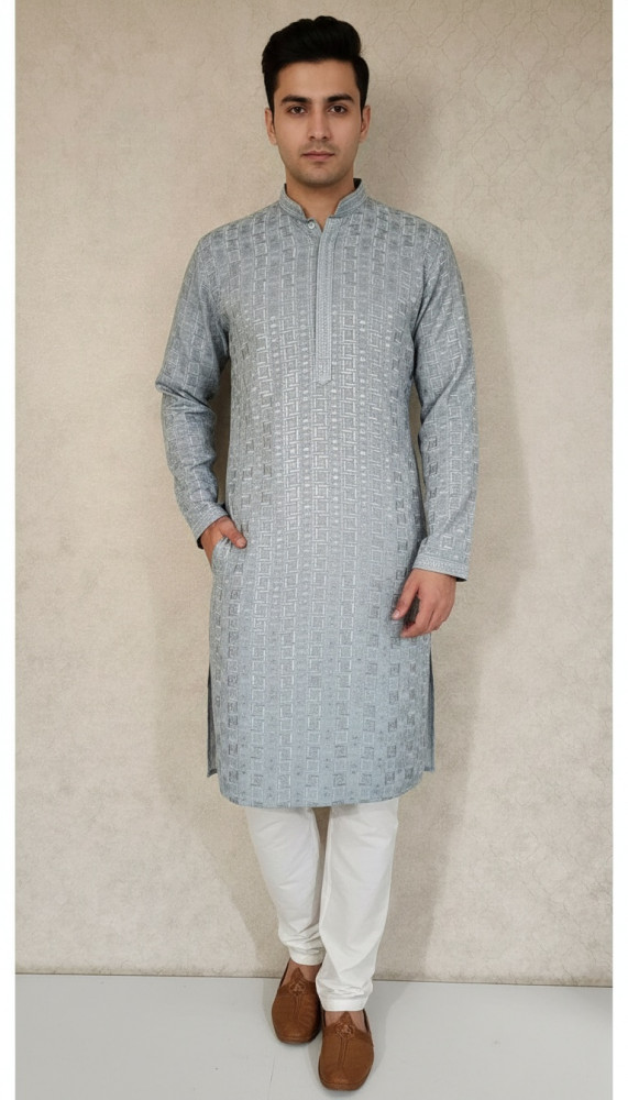 Image of Light Grey Rayon Hakoba Kurta