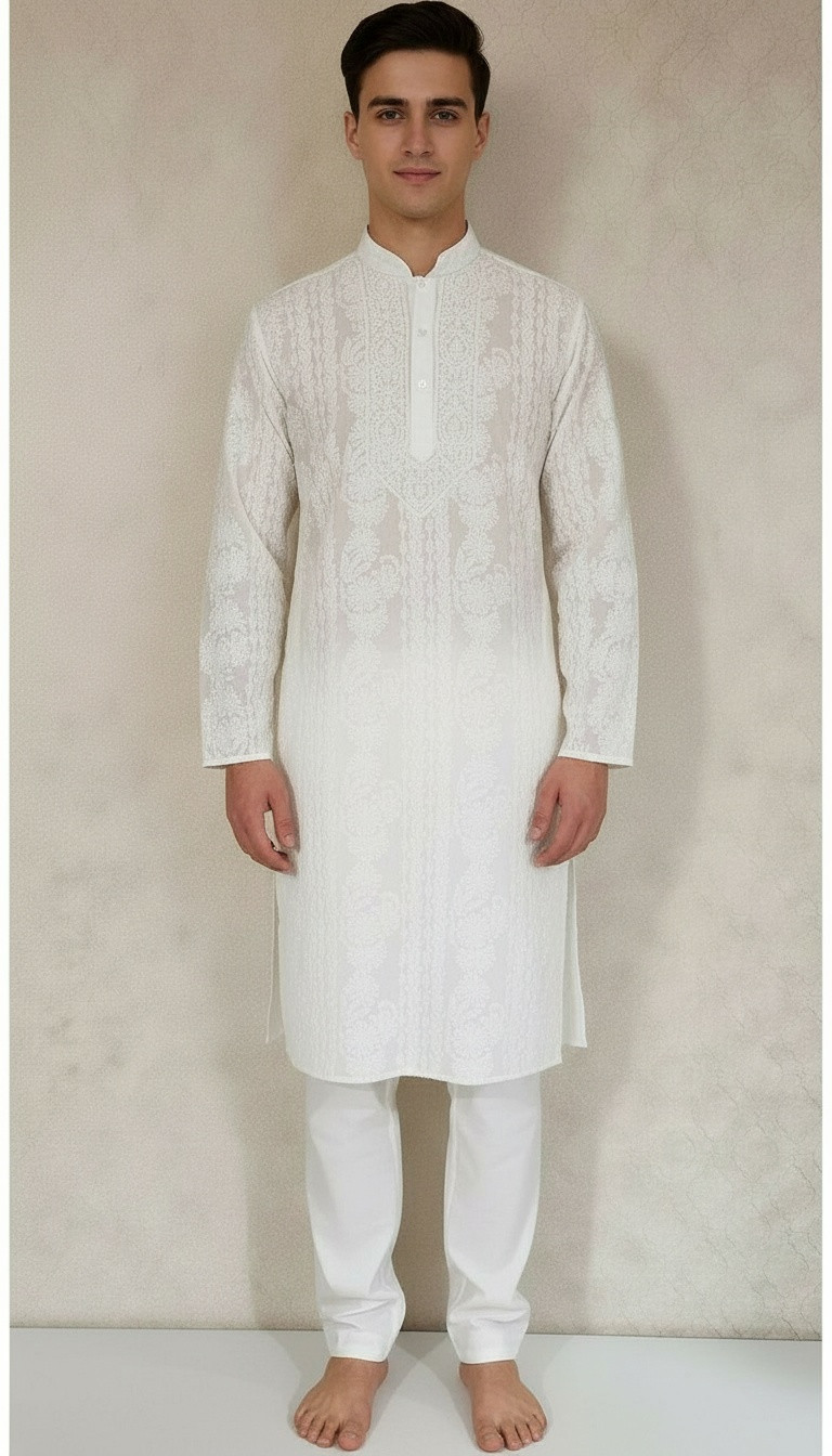 White Cotton Chikankari Kurta