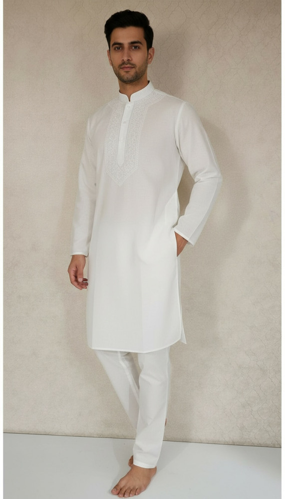 Image of White Cotton Chikankari Kurta