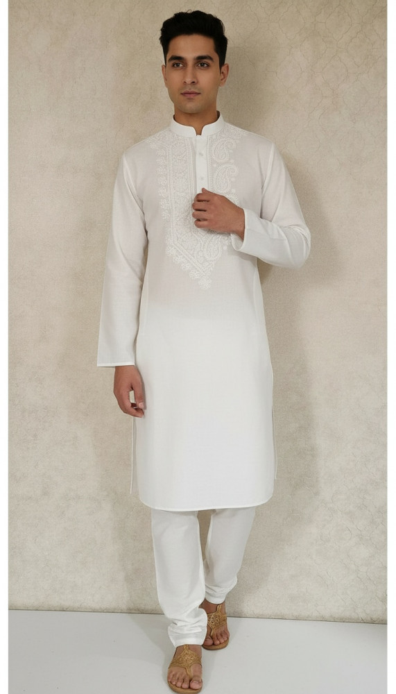Image of White Cotton Chikankari Kurta