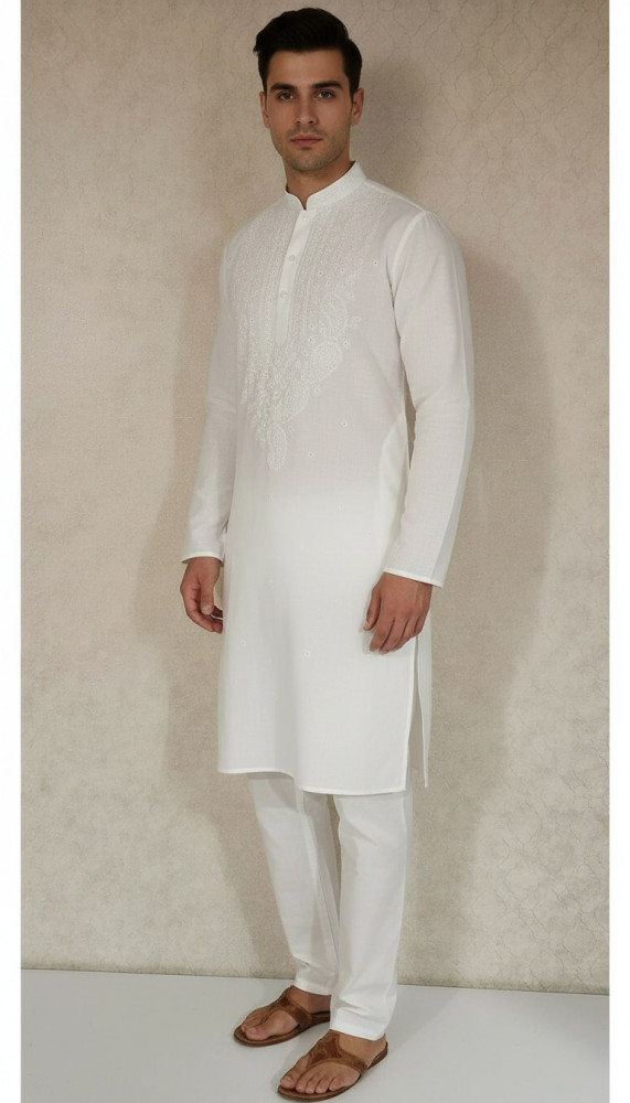 Image of White Cotton Chikankari Kurta