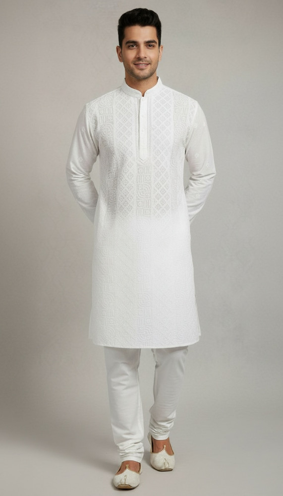 Image of White Cotton Chikankari Kurta