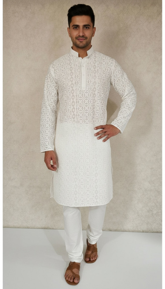 Image of White Cotton Chikankari Kurta