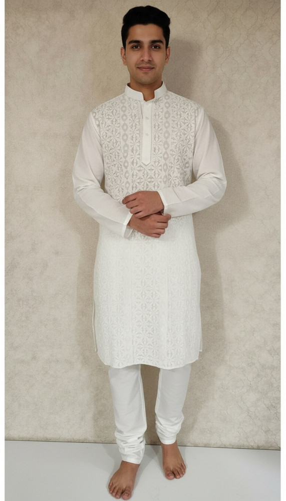 Image of White Cotton Chikankari Kurta