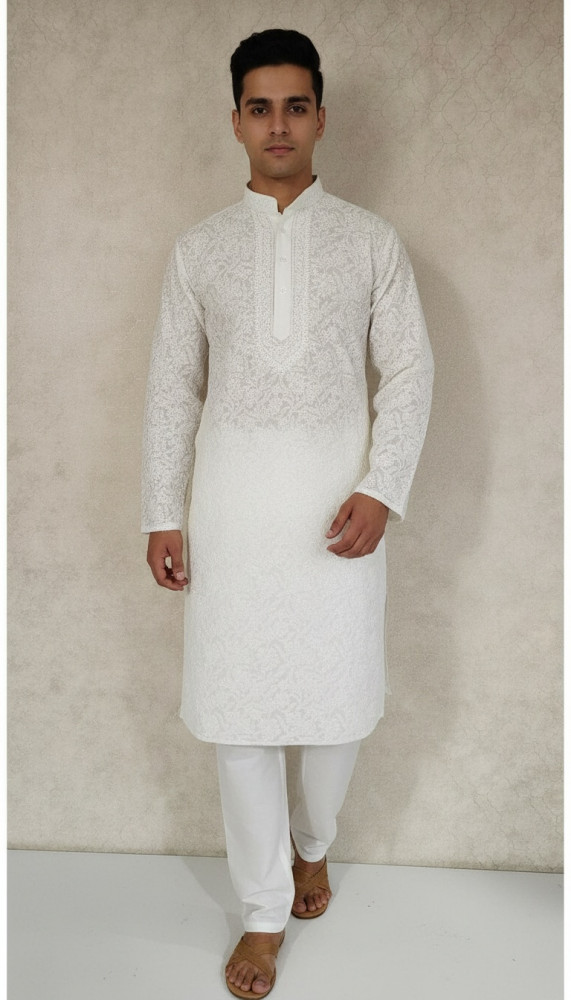 Image of White Cotton Chikankari Kurta