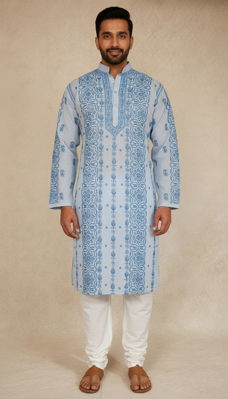 Rohia Blue Cotton Lucknow Chikankari Kurta