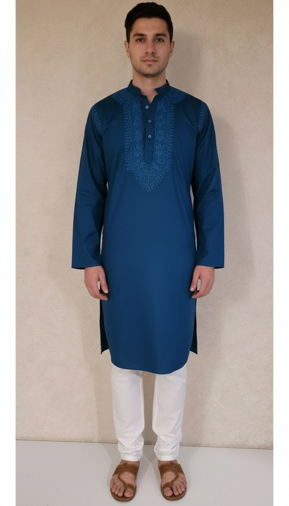 Image of Turquoise Lycra Cotton Chikankari Kurta