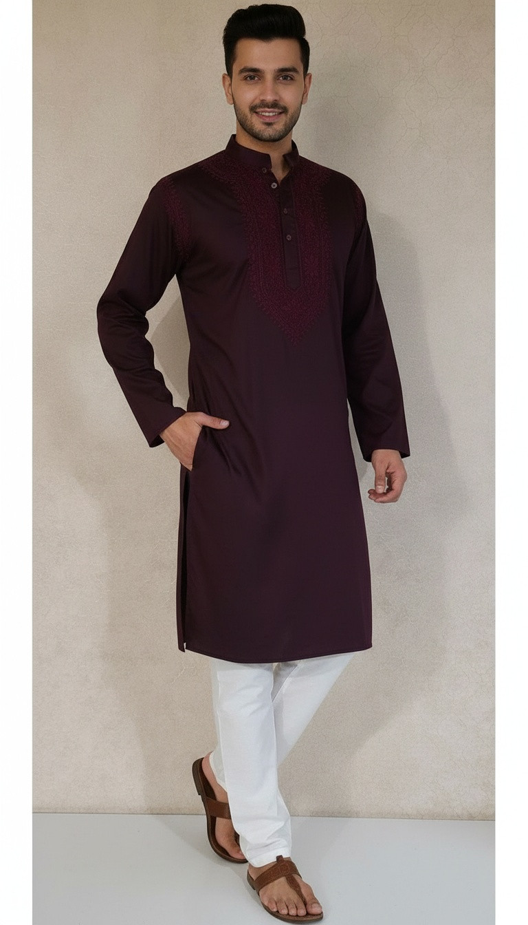 Maroon Lycra Cotton Chikankari Kurta