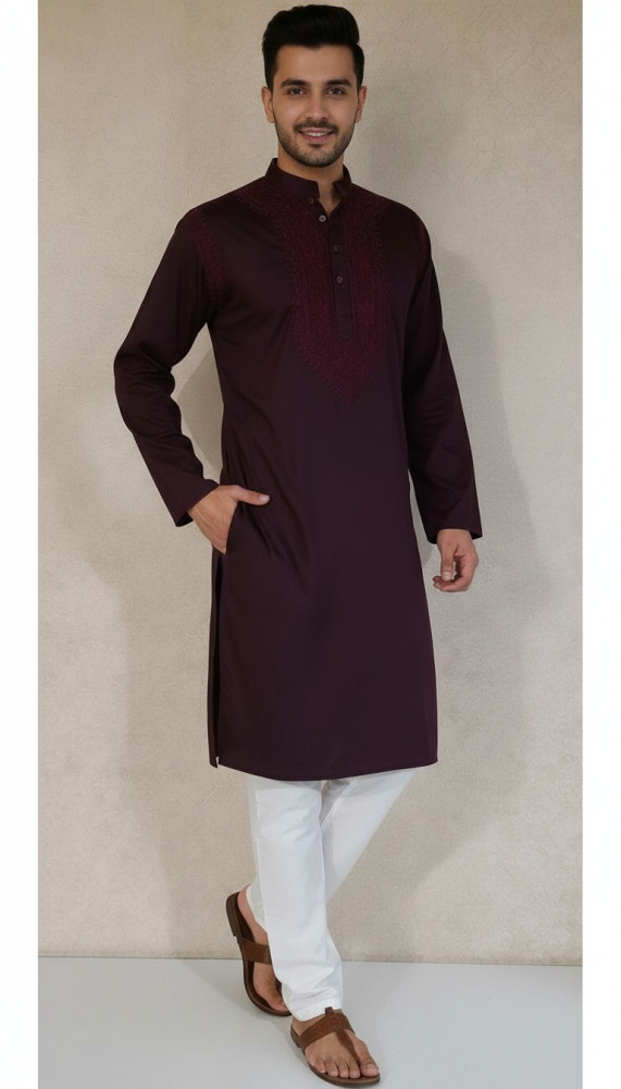 Image of Maroon Lycra Cotton Chikankari Kurta