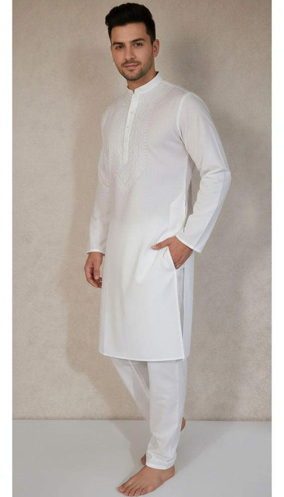 Image of White Lycra Cotton Chikankari Kurta