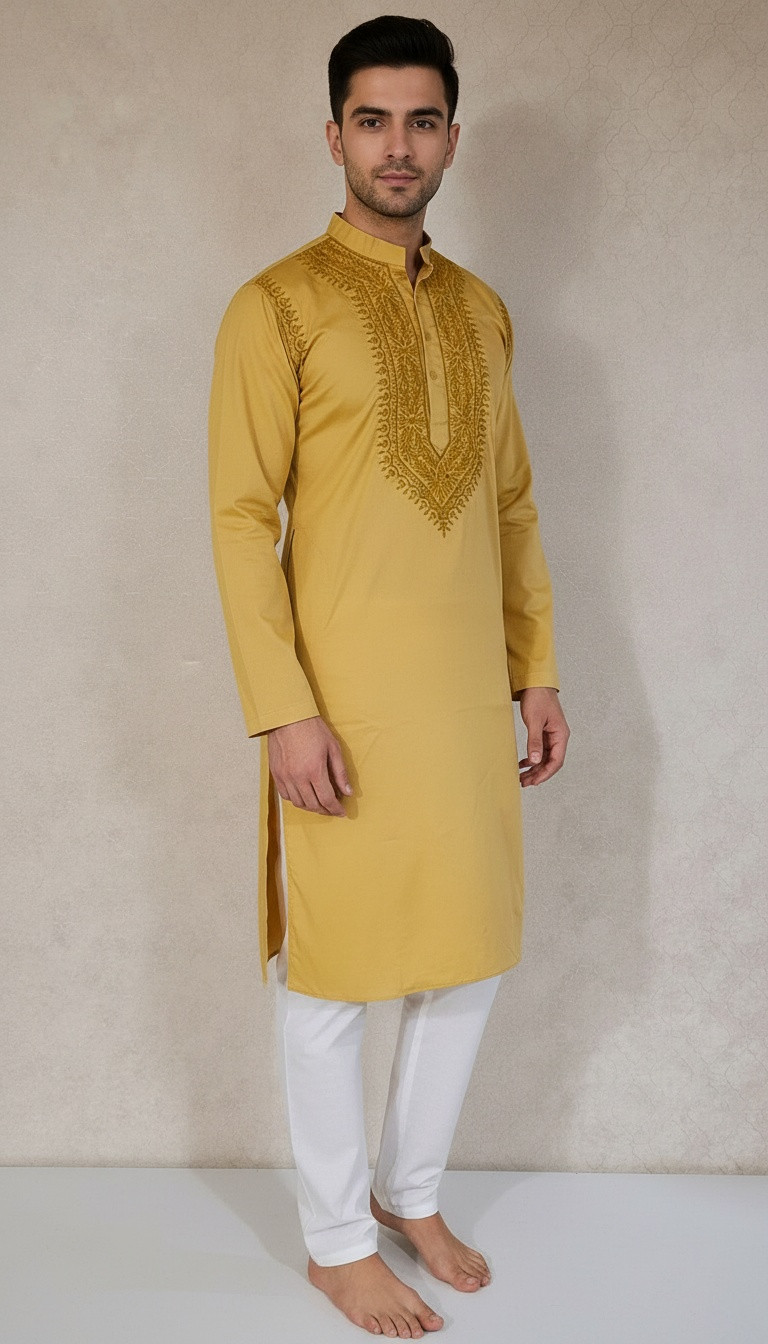 Yellow Lycra Cotton Chikankari Kurta