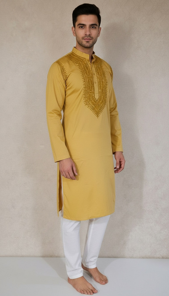 Image of Yellow Lycra Cotton Chikankari Kurta