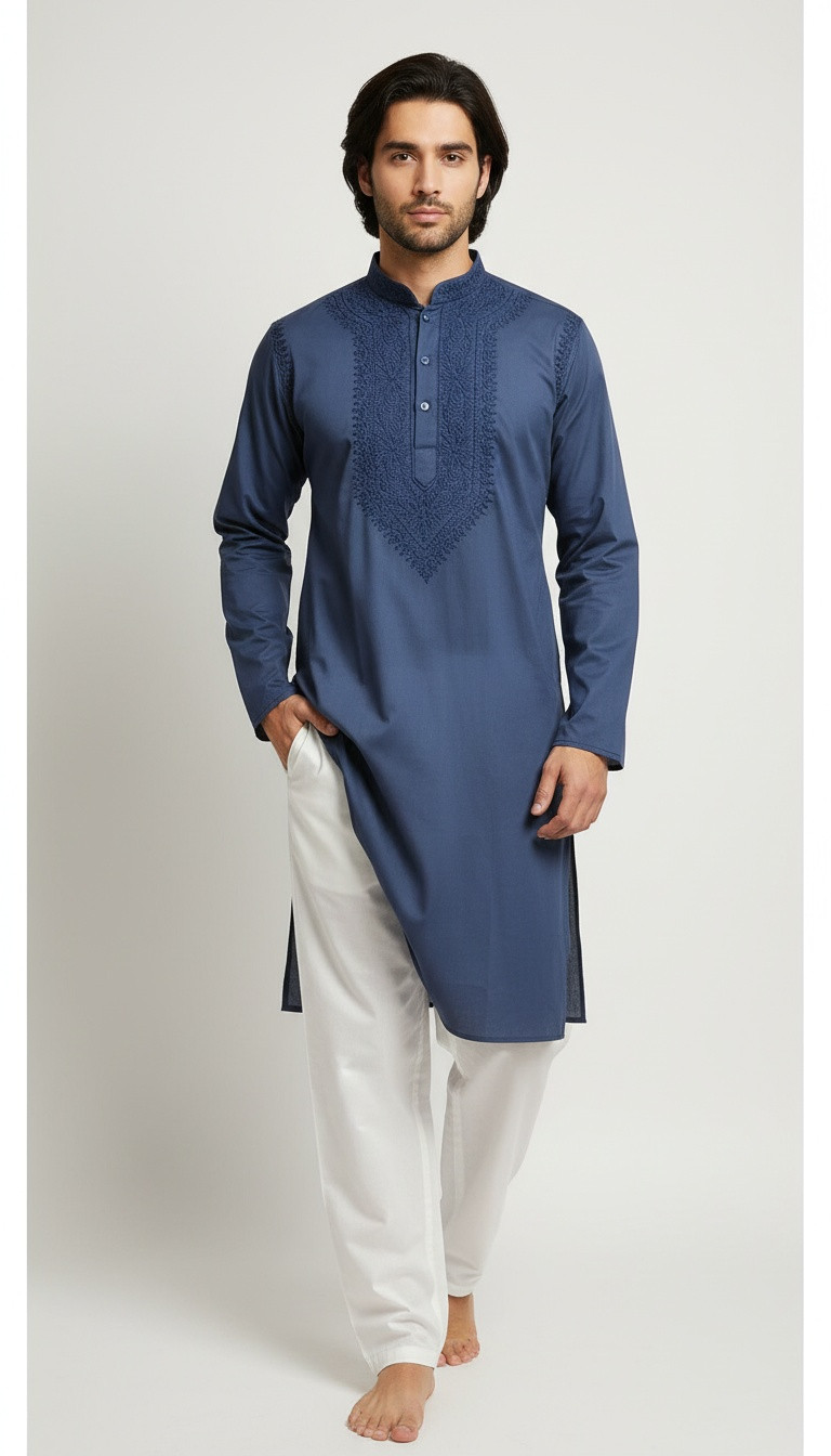 Greenish Blue Lycra Cotton Chikankari Kurta