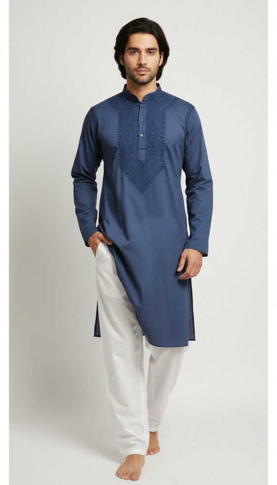 Image of Greenish Blue Lycra Cotton Chikankari Kurta