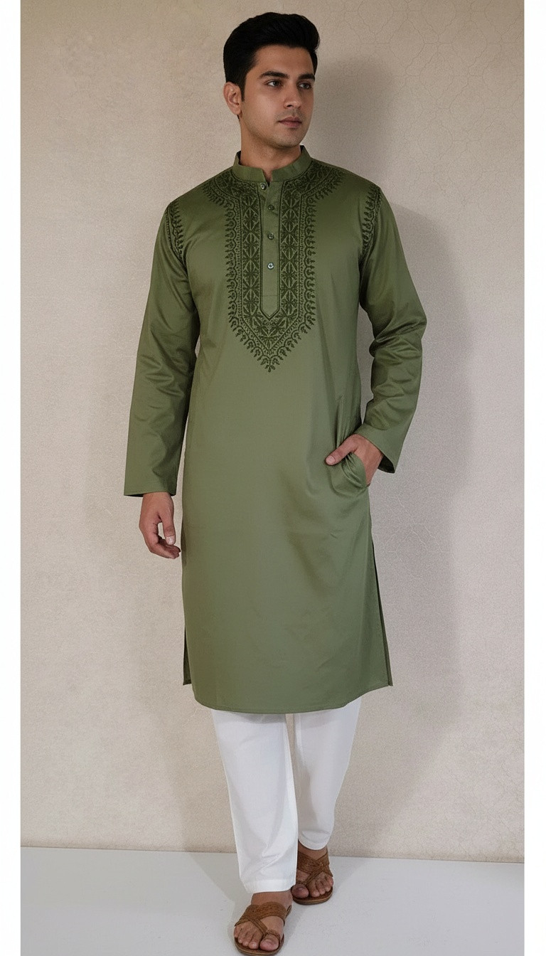 Olive Green Lycra Cotton Chikankari Kurta