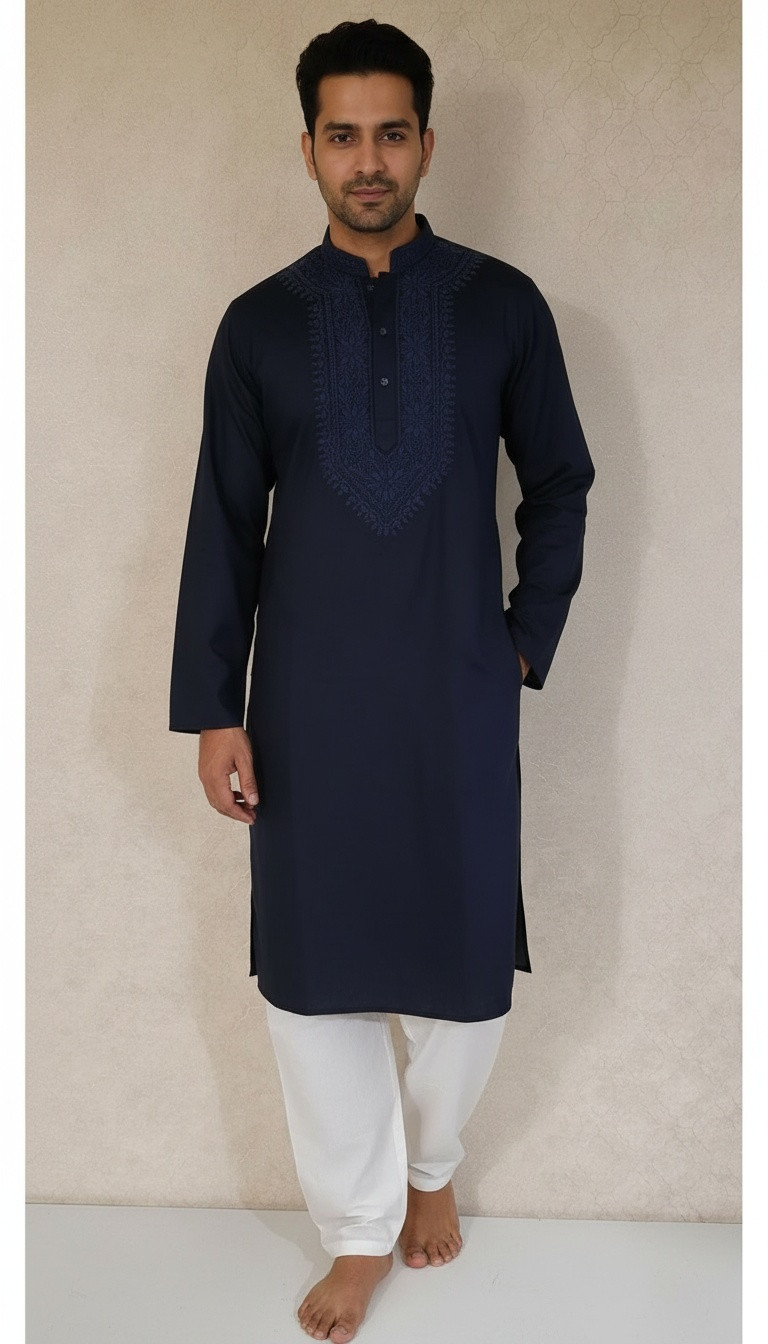Navy Blue Lycra Cotton Chikankari Kurta