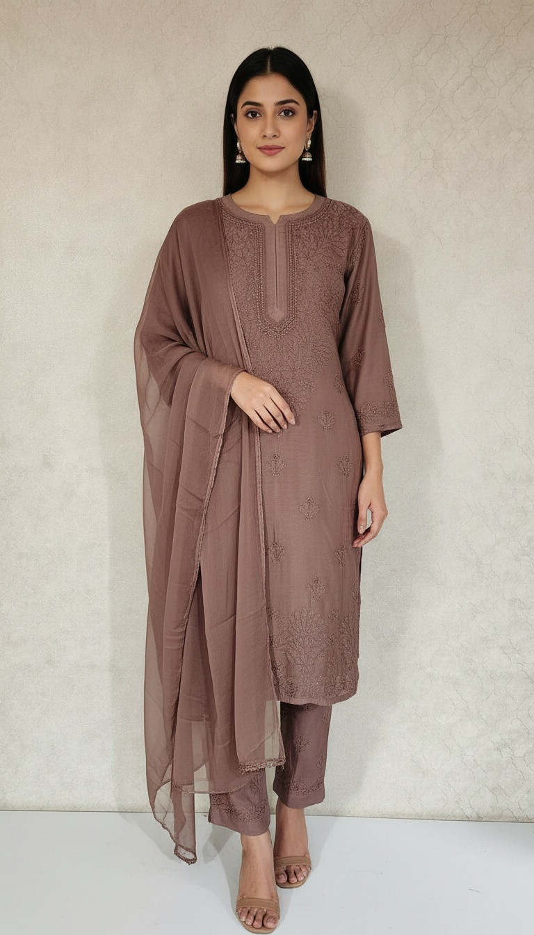 Chocolate Brown Muslin Chikankari Kurta, Dupatta & Pant Set