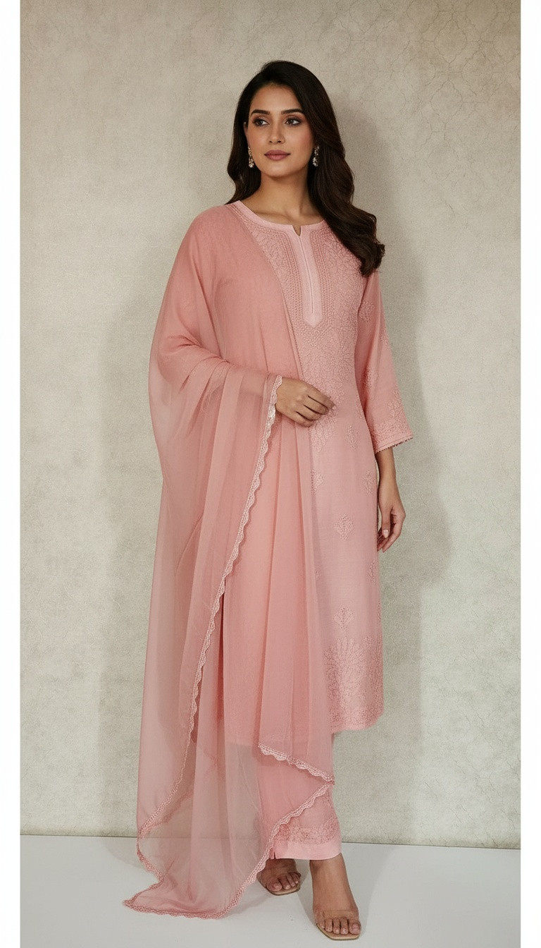 Pink Muslin Chikankari Kurta, Dupatta & Pant Set