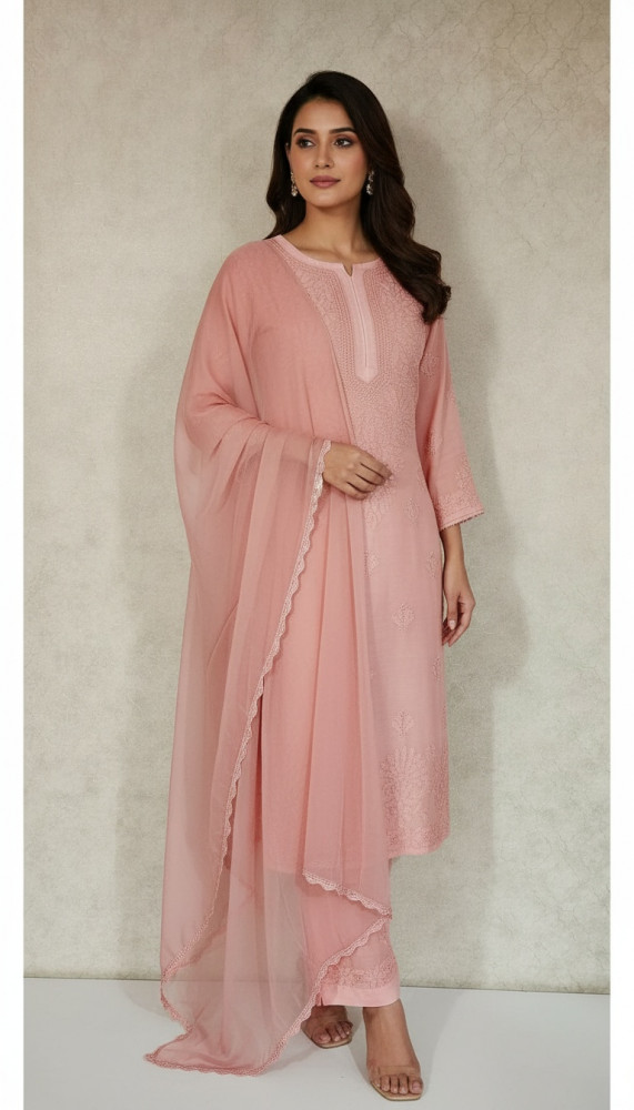 Image of Pink Muslin Chikankari Kurta, Dupatta &amp; Pant Set