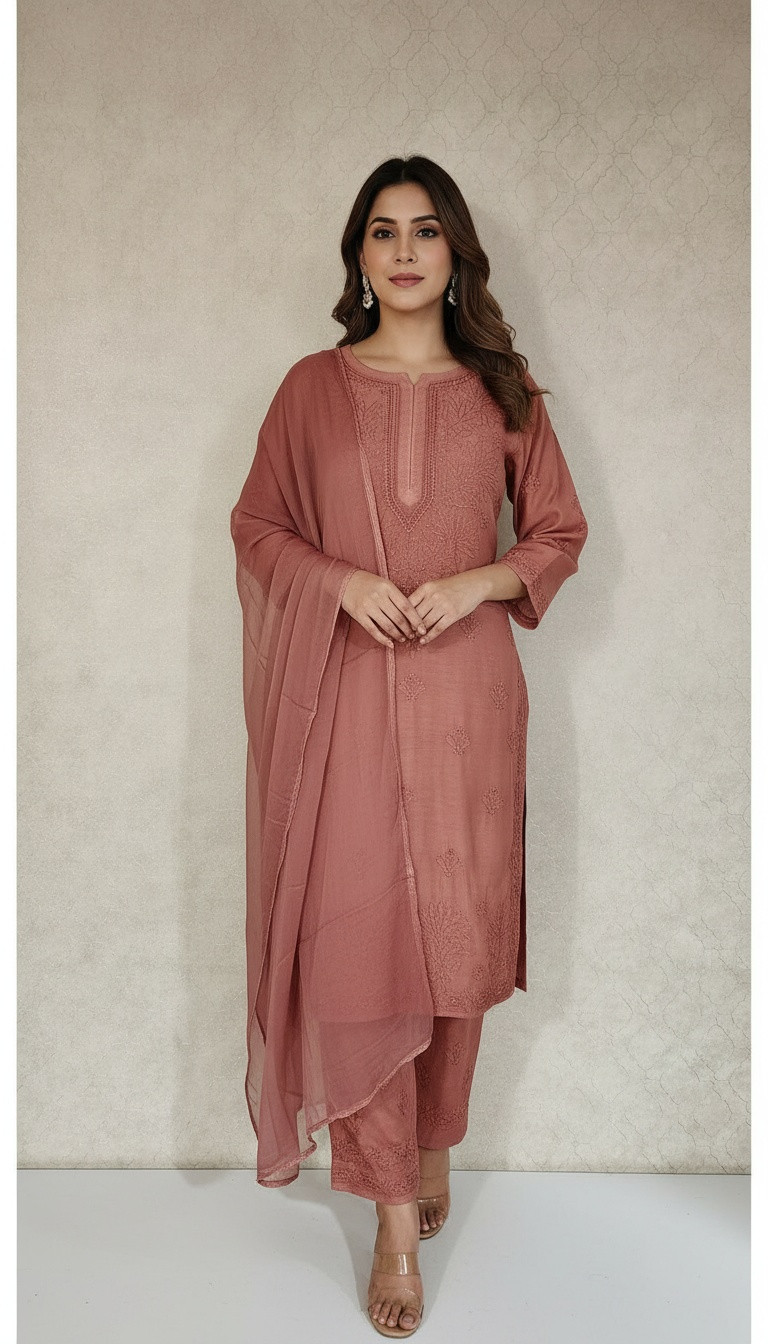 Maroon Muslin Chikankari Kurta, Dupatta & Pant Set