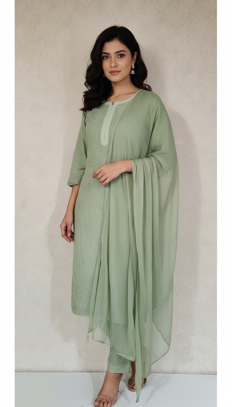 Green Muslin Chikankari Kurta, Dupatta & Pant Set