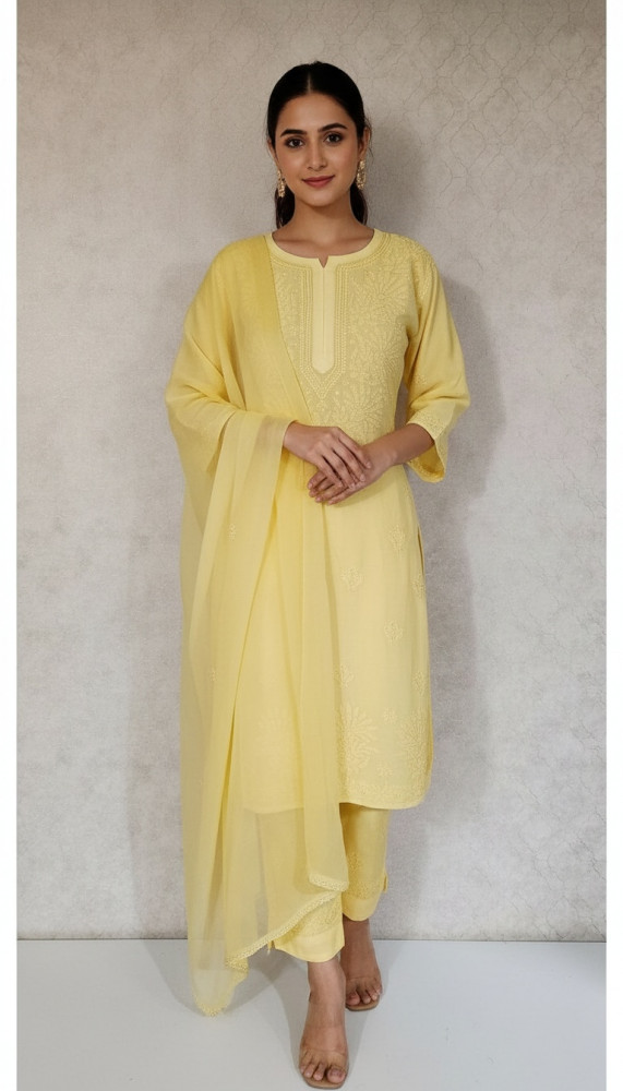 Image of Yellow Muslin Chikankari Kurta, Dupatta &amp; Pant Set
