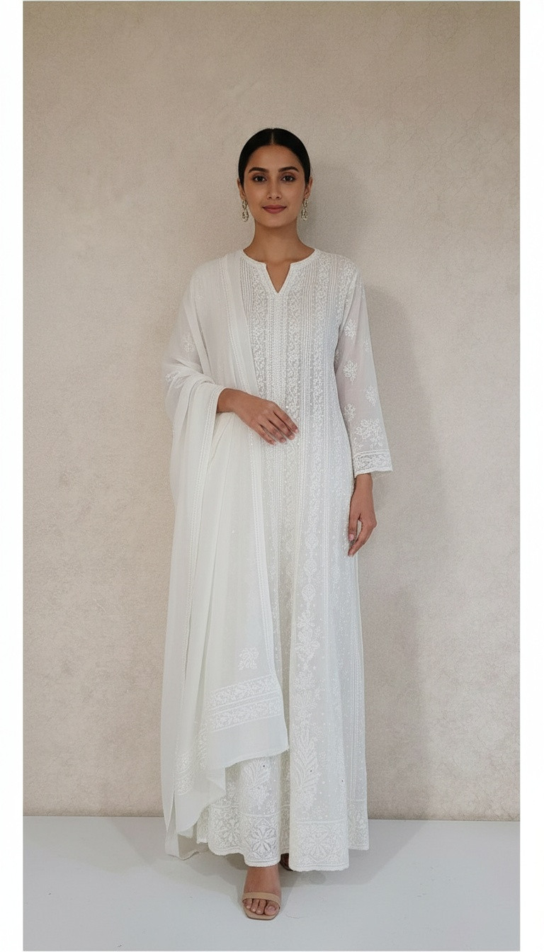 White Pure Georgette Chikankari Anarkali Kurta & Dupatta