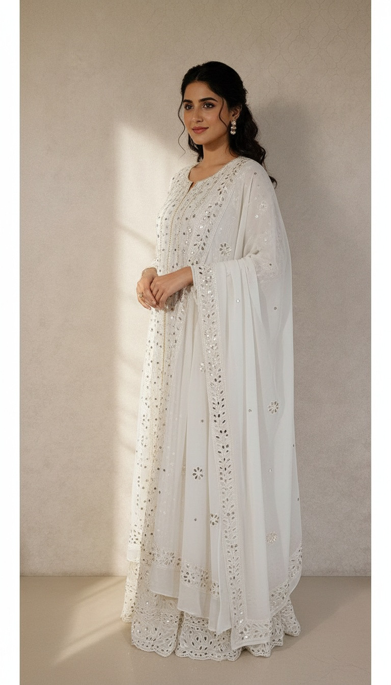 White Pure Georgette Chikankari Anarkali Kurta & Dupatta