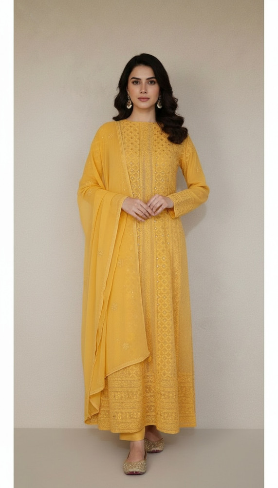 Image of Yellow Pure Georgette Chikankari Anarkali Kurta &amp; Dupatta
