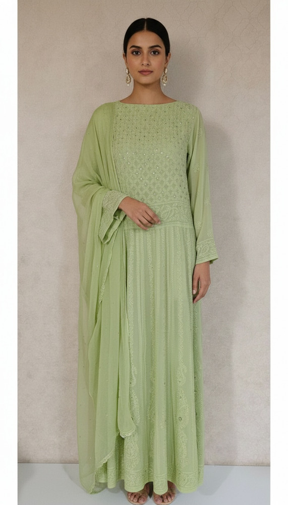 Image of Green Pure Georgette Chikankari Anarkali Kurta &amp; Dupatta