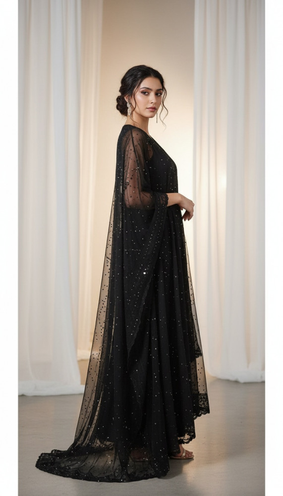 Image of Black Pure Georgette Chikankari Anarkali Kurta &amp; Dupatta