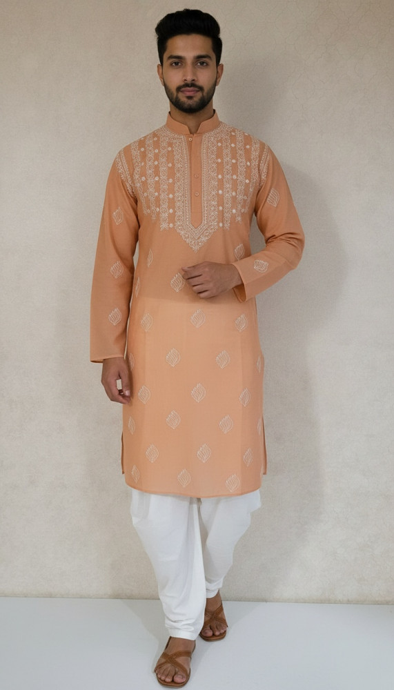 Image of Dark Peach Cotton Chikankari Kurta