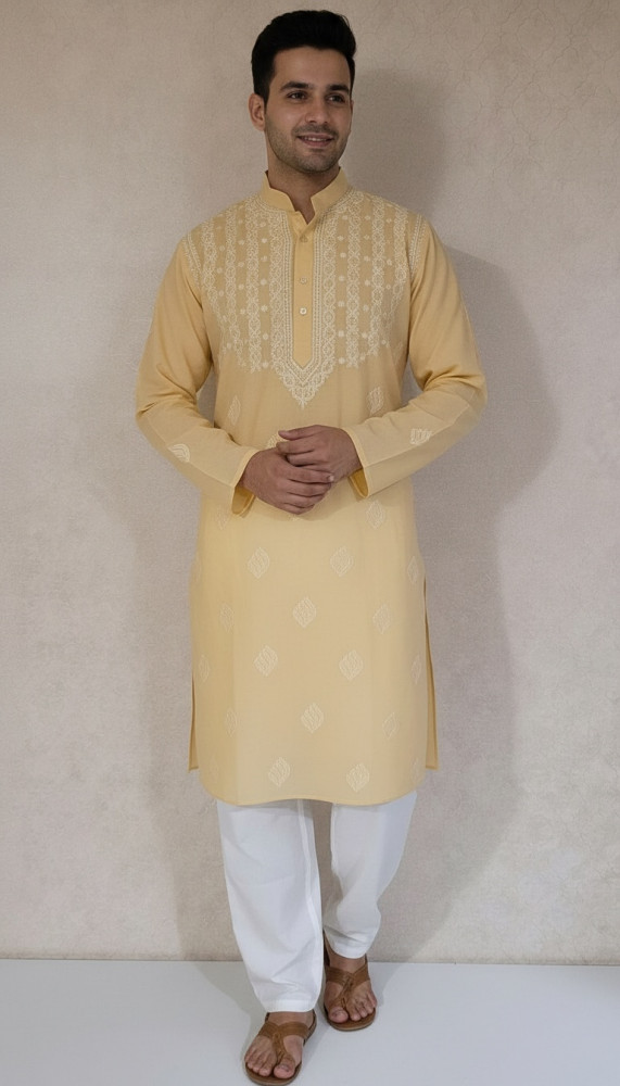 Image of Peach Cotton Chikankari Kurta