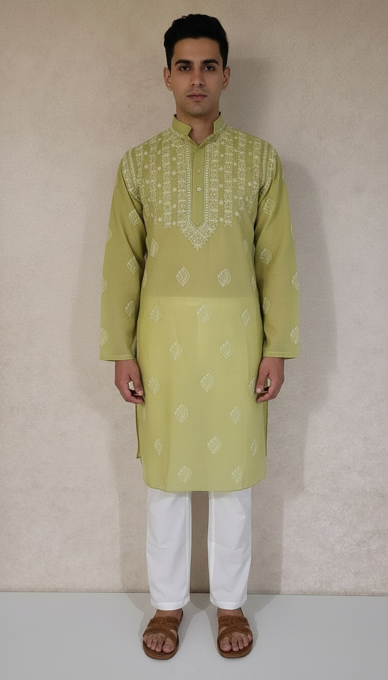 Parrot Green Cotton Chikankari Kurta