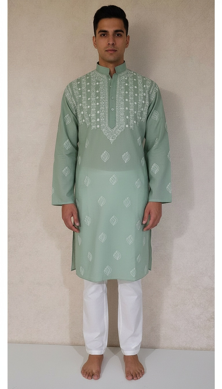 Light Green Cotton Chikankari Kurta