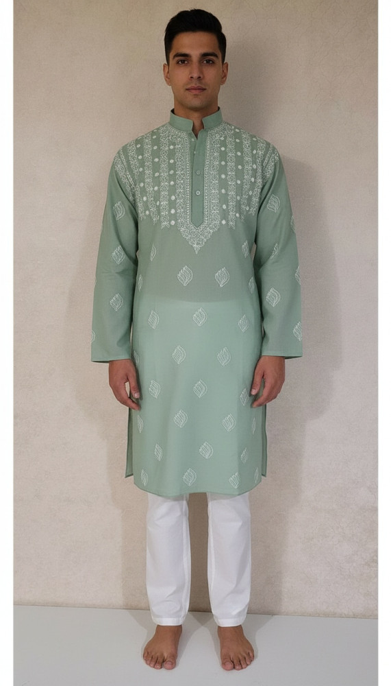 Image of Light Green Cotton Chikankari Kurta