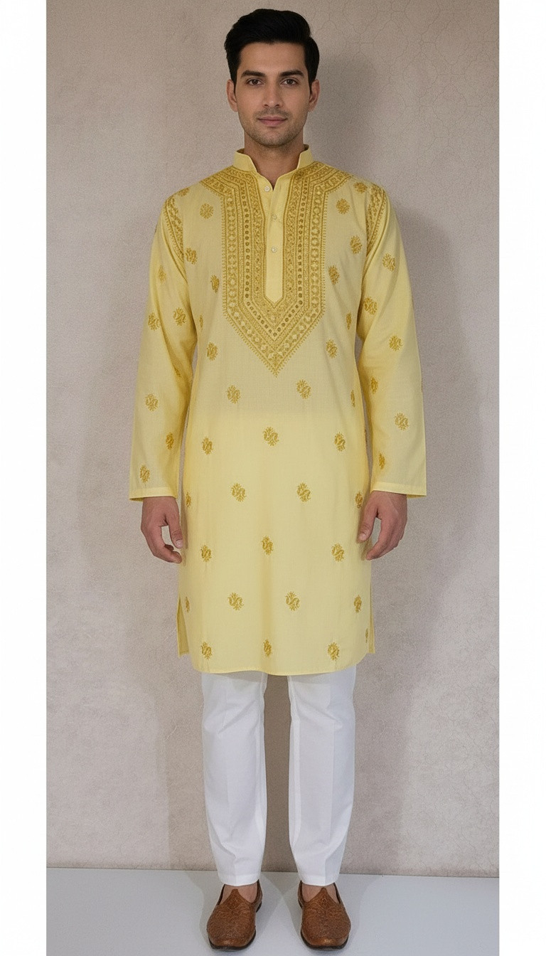 Yellow Cotton Linen Chikankari Kurta
