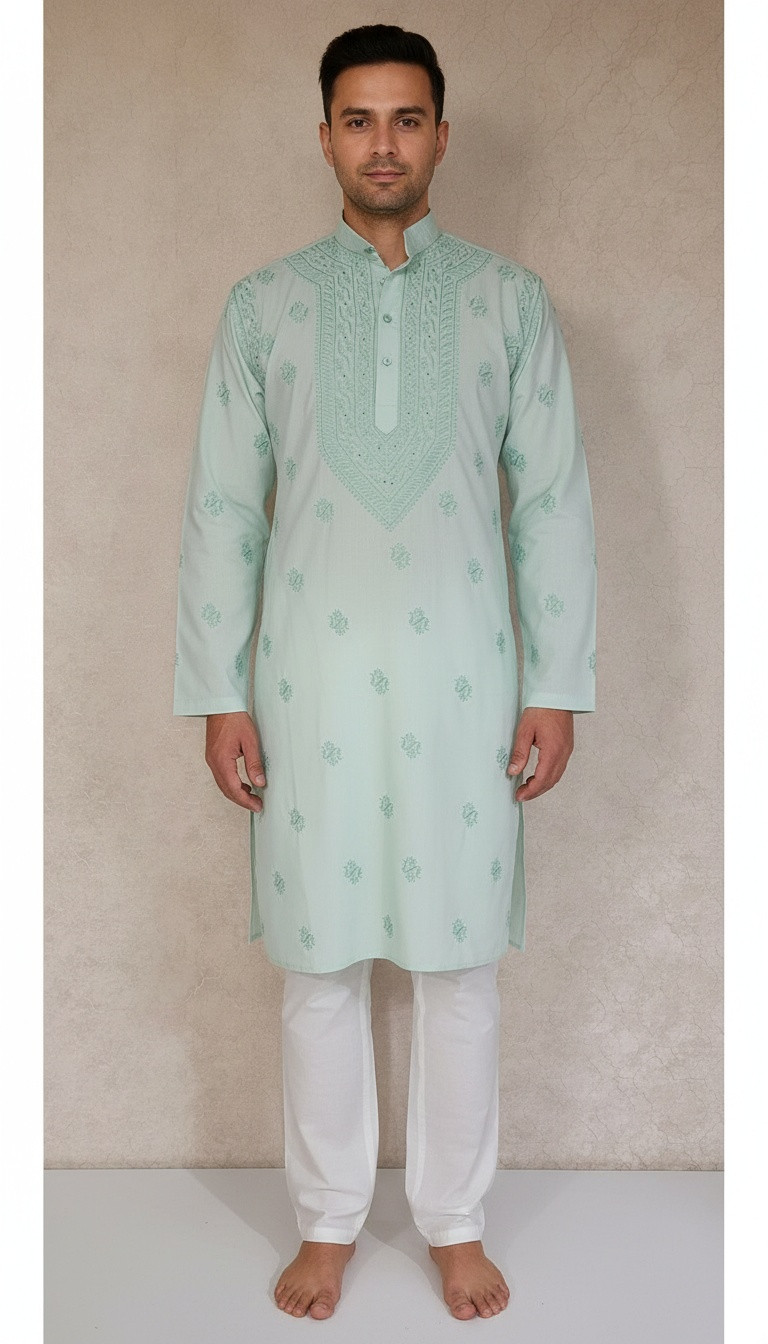 Sea Green Cotton Linen Chikankari Kurta