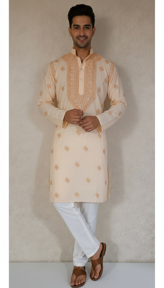Image of Peach Cotton Linen Chikankari Kurta