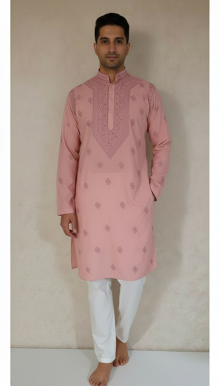 Blush Pink Cotton Linen Chikankari Kurta