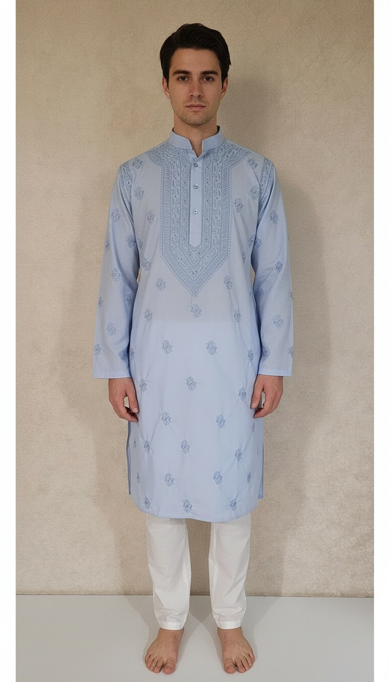 Blue Cotton Linen Chikankari Kurta