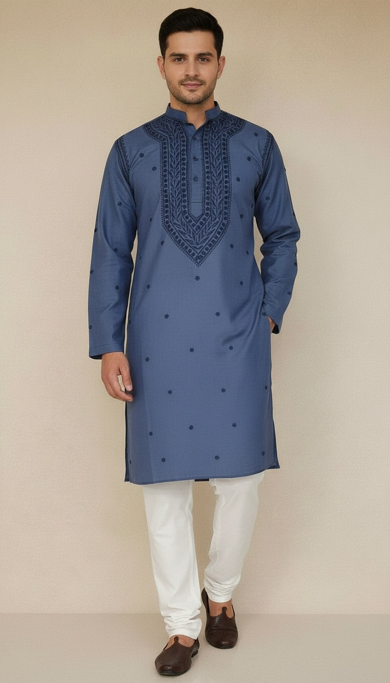 Grayish Blue Khadi Cotton Chikankari Kurta