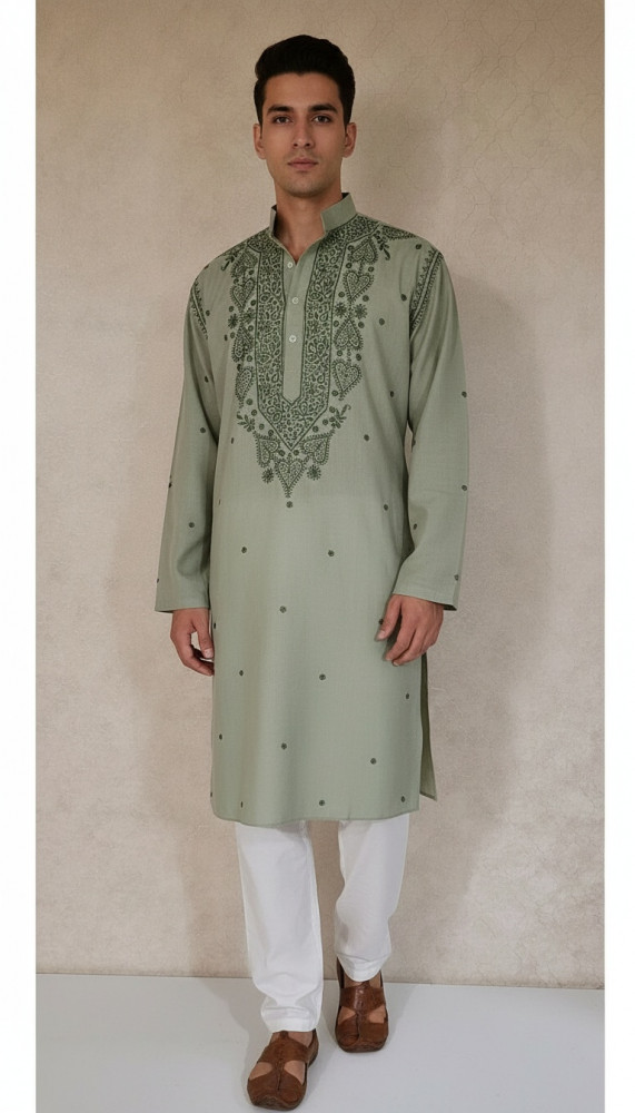 Image of Green Khadi Cotton Chikankari Kurta