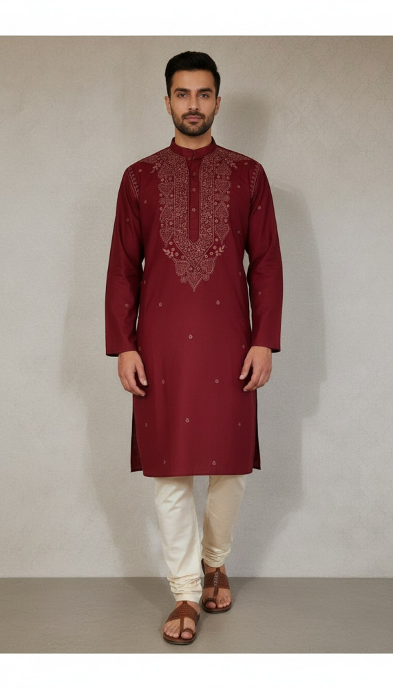 Image of Maroon Khadi Cotton Chikankari Kurta