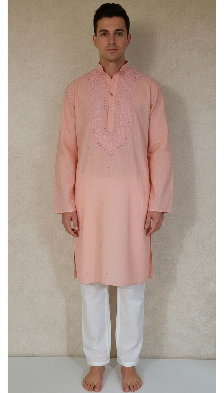 Peach Pink Khadi Cotton Chikankari Kurta