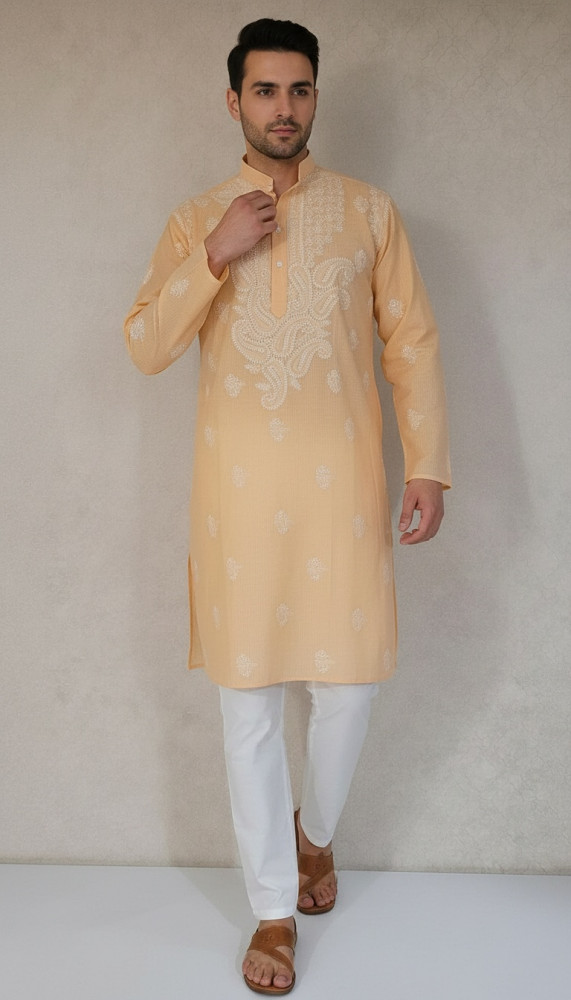 Image of Peach Cotton Linen Chikankari Kurta