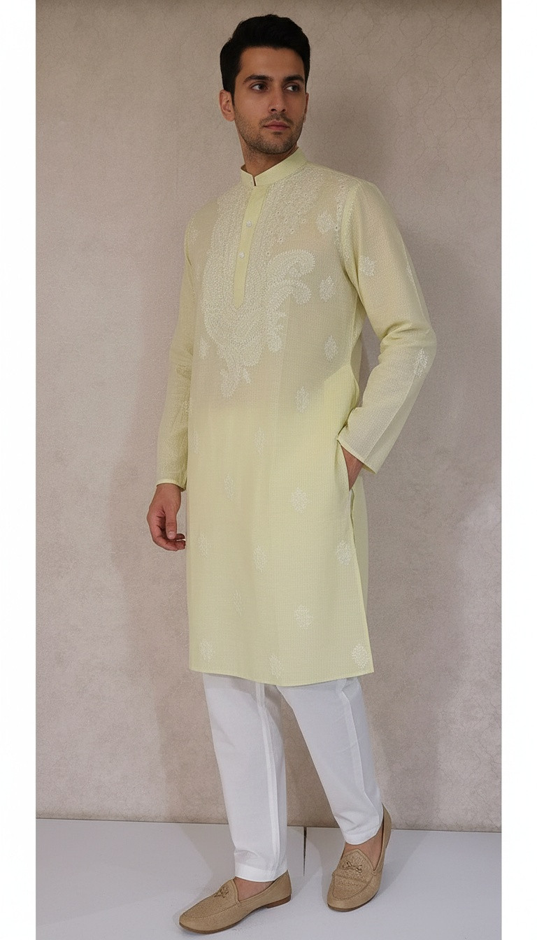 Green Cotton Linen Chikankari Kurta