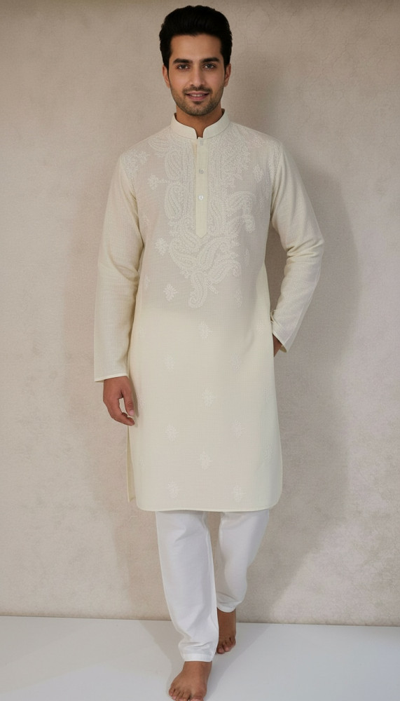 Image of Cream Cotton Linen Chikankari Kurta
