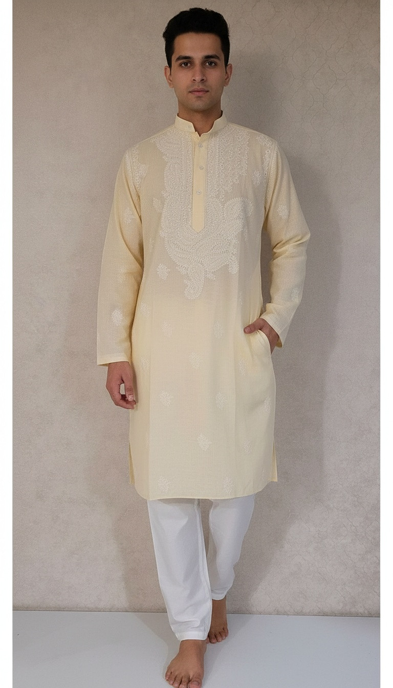Beige Cotton Linen Chikankari Kurta